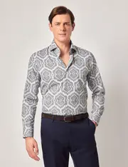 Hawes & Curtis White & Grey Paisley Slim Shirt | High Collar Size: Large