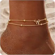 [JeweBella] Silver/Gold Anklets for Women, Sterling Silver Ankle Bracelets for Women Adjustable Bow Double Layered Anklets Waterproof Summer Beach Foot Jewelry Gifts