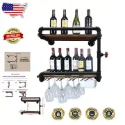 24-Inch Rustic Industrial Wall Mounted Wine Rack & Glass Holder for Storage