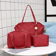 [Tangyongjiao] Luggage & Bags 3 in 1 Fashionable PU Leather Single-Shoulder Bag Women Handbag Messenger Bag with Tassel (Gray) (Color : Red)