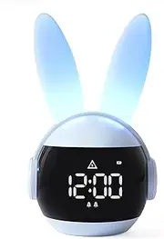 Kids Alarm Clock for Kids, Bunny Alarm Clocks for Girls Boys, Blue Kid Alarm Clock with Ringtones & Night Light Rechargeable Snoozing