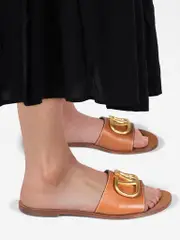 Brown Leather VLogo Slides