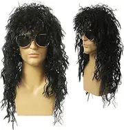 70s 80s Halloween Costumes, Rocker Metal Mullet Wig, Mens Long Curly Black Wig with Glasses for Party (black)
