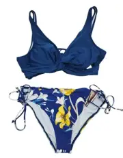 Blue Floral Bikini Set Wrap Bikini Top & Tie Side Bottoms Womens Swimsuit XL
