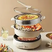 Bear Electric Hot Pot with Removable Pot, 4L Non-Stick Shabu Shabu Pots, Toggle Lever Temperature Control, 3" Depth Electric Cooker with Steamer & Frying Pan for Party, Family and Friend Gathering