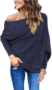 [GOLDSTITCH] Women's Off Shoulder Batwing Sleeve Loose Pullover Sweater Knit Jumper Oversized Tunics Top