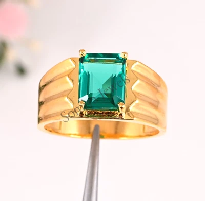 Emerald Cut Natural Green Emerald Men's 14K Solid Yellow Gold Engagement Ring