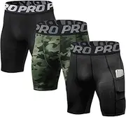 [Lanbaosi] Mens Compression Shorts with Phone Pocket Running Gym Yoga Athletic Tights Baselayer Summer Cool Dry Underwear Pack, Black+camo Green+dark Grey, Large