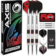 RED DRAGON Darts – Axis Red Series 28g– Steel Tip 85% Tungsten Professional Darts Set with Dart Flights, Stems & Wallet