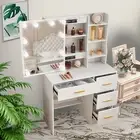 White Dressing Table w/ sliding Mirrow 10 LED Blubs and 4 Storage Drawers +shelf