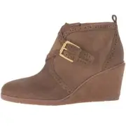 NWT Franco Sarto Arielle Brown Suede Wedge Buckle Ankle Bootie Women Size 8