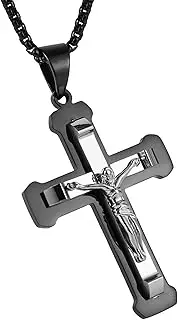 [HZMAN] Stainless Steel Cross Necklace for Men Women Religious Jesus Crucifixion Christian Cross Pendant Jewelry Gift