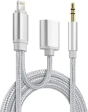 Aux Cord for iPhone in Car 3.3FT Lighting to 3.5mm Aux Stereo Audio Cord with Charging Port Compatible with iPhone 14 Pro/13 Pro Max 12, for Car stereos, Home stereos, Portable Speakers(Silvery)