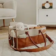 Frankie Lane baby diaper caddy organizer-Car caddy,portable tote nappy bag storage for your nursery,changing table. Essential newborns Registry,Tanned leather and natural felt