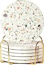 Terrazzo Marble Absorbent Coasters with Holder - Set of 6, Drink Coasters for Coffee Table