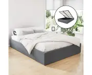 Queen Size Gas Lift Storage Bed Frame Grey Linen Fabric Wooden Slats 300kg Cap