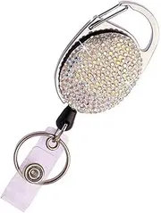 Bling Rhinestone Retractable Badge Reel, Glitter ID Badge Holder with Belt Clip and Key Ring, Pull Cord up to 24 inches, Women Girls Gifts, Pack of 1, AB Color