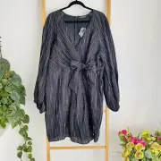 Fate + Becker Women Coctail Dress Size 20 Black Stripes Long Sleeves Faux Wrap