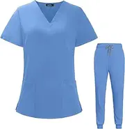 [VIAOLI] Scrubs Set for Women Joggers V-Neck Pocket Top Uniforms