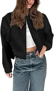 [imbpceu] Women Cropped Bomber Jacket Casual Long Sleeve Coats Button Down Varsity Jackets with Pockets Black L