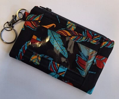 Cotton Fabric Southwest Feathers Zippered Key Fob/ID Holder