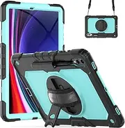 [YueHealthy] Case for Samsung Galaxy Tab S9 FE Plus 12.4-Inch 2023 (SM-X610/SM-X616) with Screen Protector/360 Rotating Hand Strap Stand/Pencil Holder/Shoulder Strap,3-Layer Case,Black+Light Blue