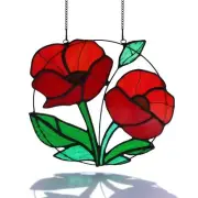 Red Flowers Stained Glass Window Hanging,Artificial Poppy Flower Suncatcher W...