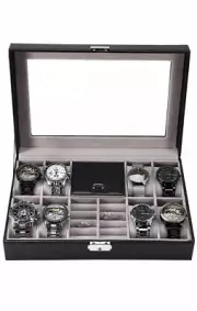 8 Slot Watch/Jewelry Box Display Case Organizer Glass Top Jewelry Storage Black