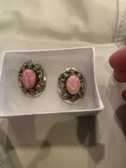 Sterling Silver Genuine Stone Rhodochrosite 925 Pierced Earrings. Shell theme