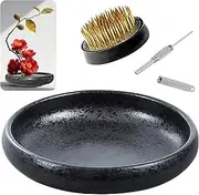 Eggone Japanese Ikebana Vase Kit, Flower Shallow Container Ceramics Ikebana Vase with 4cm Flower Frog and Floral Frog Floristry Kenzan Needle Straightening Tool (Frosted Bowl A with Spots)