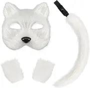 [HELVES] Ma-sk And Tail Set For Girls, Paw Fingerless Plush Gloves Set, Furry Mas-k & Long F-ox Tail Fo-x Ma-sk Wolf Tail Cat Ma-sk, Halloween Cat Ma-sk Tail, Cosplay F-ox Ma-sk Wolf Tail