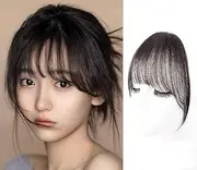 Clip in Bangs Human Hair Extensions for Women Medium Brown Clip on Fringe Real Hair Natural Flat Neat Bangs with Gradual Temples One Piece Hairpiece (Brownish black, One size)