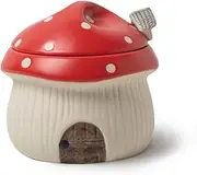 LeoLeoxx Ceramic Sugar Bowl with Lid & Spoon, Cute Mushroom House Design. Porcelain Seasoning Storage Jar, 14 Ounces. (Green) (Red)