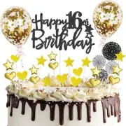 Happy Birthday 16th Cake Topper, Gold Heart Cake Toppers, Gold Star Cake