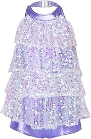 [Raenseen] Girls Sparkly Dance Dress Latin Jazz Ballet Gymnastics Leotard Tiered Sequins Dance Shorty Unitard