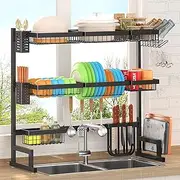 PUSDON Over Sink Dish Drying Rack (34"-45") 3 Tier, 2 Cutlery Holders Adjustable Dish Drainer for Kitchen Storage Countertop Organization, Stainless Steel Space Save Shelf (Sink Size≤44inch, Black)