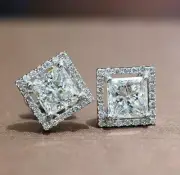 4.00 Ct Princess Cut White Moissanite Halo Stud Earrings 925 Sterling Silver