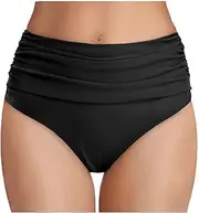 [MAIABLEAU] Women's High Waisted Bikini Bottoms Tummy Control Ruched Bathing Suits Swim Bottom