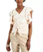 INC (J23-38*) Wrap-Style Flutter-Sleeve Cotton Knit Top Summer Palm Sz S $69.50