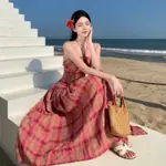 法式度假粉紅格紋洋裝 海島旅遊 度假洋裝