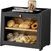 Large Bread Box for Kitchen Countertop, Bread Storage Container for Homemade Bread, Two Layer Farmhouse Breadbox Organizer for Kitchen Counter Corner, Cabinet, Black 40 * 25 * 33Cm