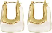[Pingyongchang] Vintage Transparent Resin Geometric U Shape Hoop Earrings Gold Metal Earrings for Woman Girls Party Jewelry