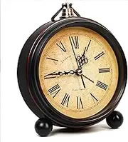 About Space Vintage Alarm Clock Round Silent Analog Table Clock Non-Ticking with Roman Numerals, Hanging Hook - Battery Powered for Home Office Students Kids Bedroom - Metal (Battery not Included)