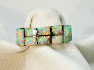Native American Zuni Ring Size 9 Lab Created Opal Inlaid Signed VKN, Silver #702
