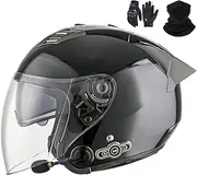Bluetooth Jet Helmet Motorcycle Helmet ECE Certification Integrated Bluetooth Helmet Scooter Helmet Jet Helmet Adults Men Women with Double Sun Visor