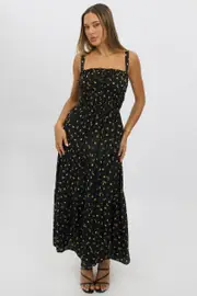 Black Ditsy Maxi Dress Strappy Tiered - Size 12M, Women's Maxi Dress