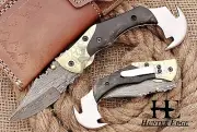 HUNTEX Custom Handmade Damascus 120mm Long Hunting Folding Pocket Skinning Knife