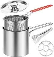 Deep Fryer Pot with Strainer Basket and Handle, Stainless Steel Fry Pot, Food Grade Outdoor Fryer with Lid Portable Food Cooking Pot for Frying Fish Shrimp Chicken and Fries (C set)