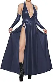 [EGEN] Sexy Halter Sleeveless High Split Slim Midi Dress PU Leather Dress with Gloves Slim Backless Long Dress Club Party Robe S-7XL (7X-Large,Navy Blue,7X-Large)