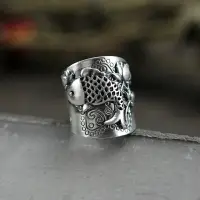 在飛比找樂天市場購物網優惠-S99純銀泰國手工銀開口戒指雕刻紋魚拉絲寬版銀飾民族男女飾品